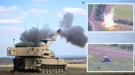 M109A6 Paladin självgående haubits förstör ryska TOS-1A tunga eldkastarsystem med 220 mm termobariska granater