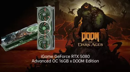 Färgglada annonserade RTX 5080 grafikkort i stil med Doom: The Dark Ages