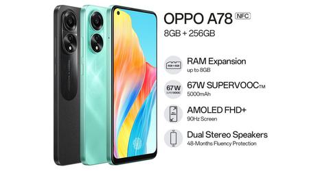 OPPO A78 4G - Snapdragon 680, 90Hz AMOLED-skärm och 67W laddning för $235