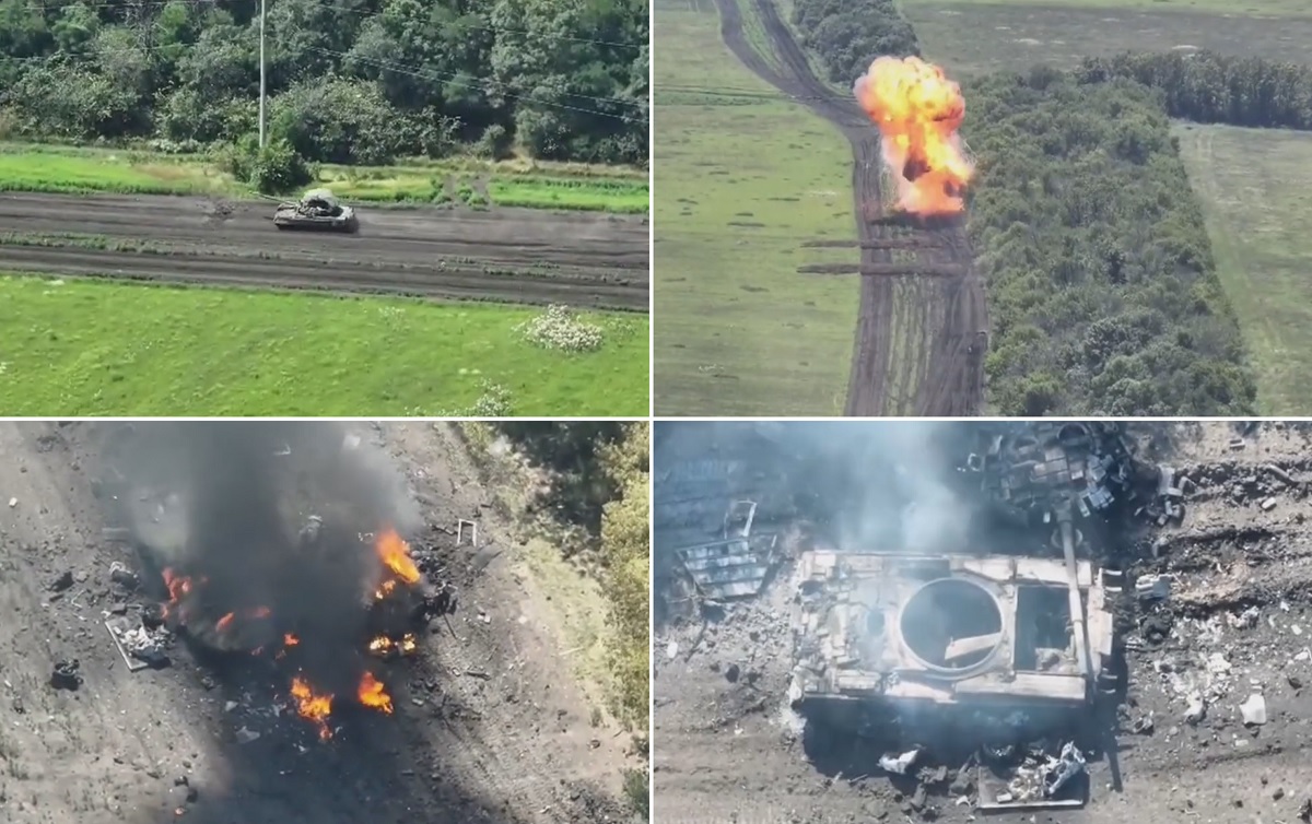 Ukrainsk FPV-drönare förstör effektivt rysk T-80BV stridsvagn på grund av detonation av ammunition
