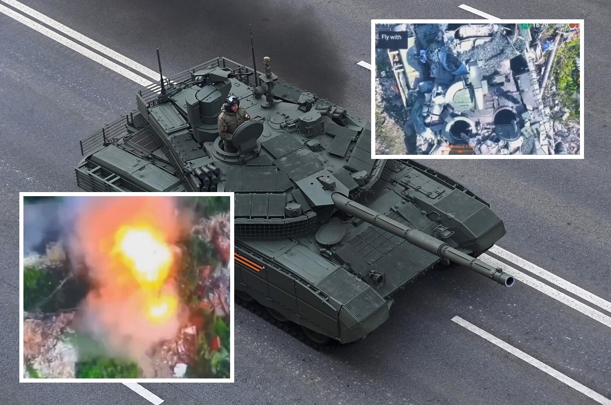 En ukrainsk drönare träffade en rysk moderniserad T-90M stridsvagn värd flera miljoner dollar med en granat i luckan