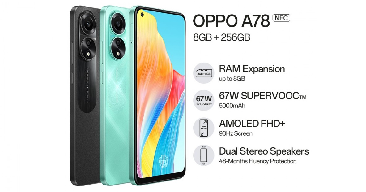 OPPO A78 4G - Snapdragon 680, 90Hz AMOLED-skärm och 67W laddning för $235