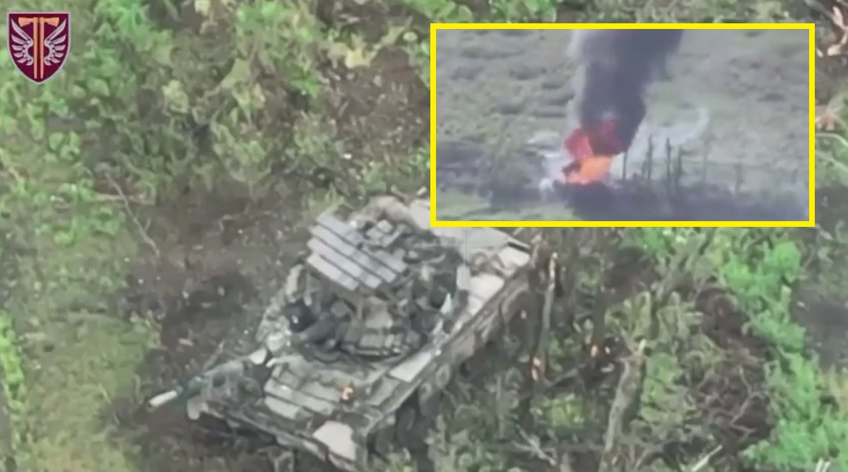 Billiga ukrainska kamikaze-drönare brände ner en rysk T-80BV stridsvagn med det dynamiska försvarssystemet Contact-1