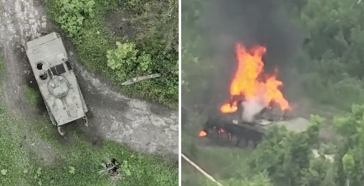 Ukrainska drönare avfyrar 40 × 53 granatkastarskott och bränner en rysk BMP-1 värd 200 000 dollar