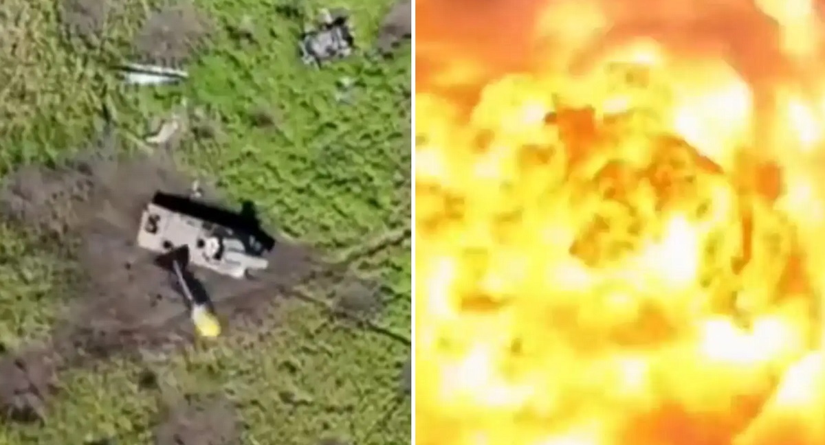 En ukrainsk quadrocopter rev spektakulärt sönder en rysk UR-77 "Meteorite" självgående minröjningsraket med 700 kg sprängämnen med en enda granat