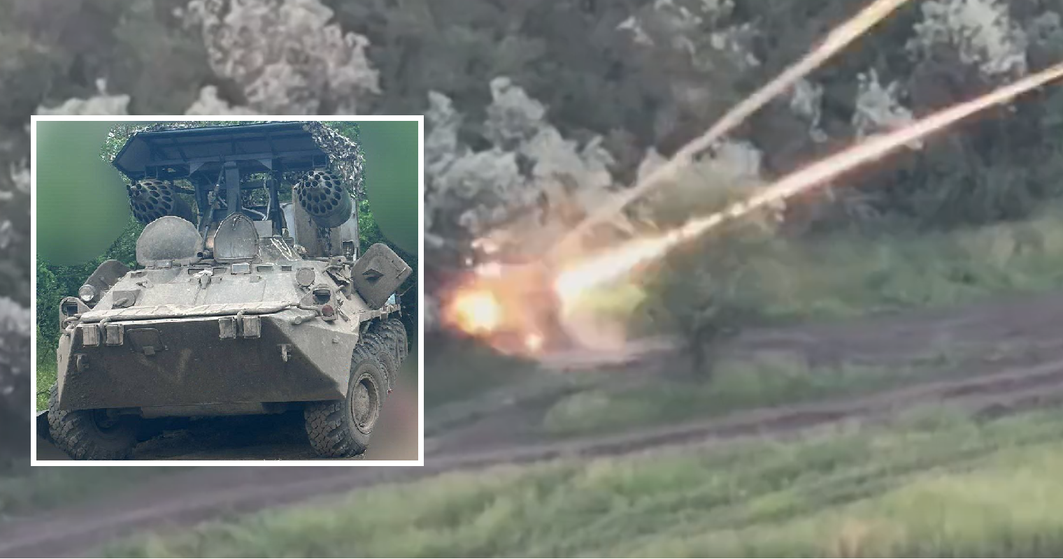 Ukrainska FPV-drönare attackerar en "unik" rysk militär utveckling som en symbios av en APC-80 och C-8 flygplansrobotkastare