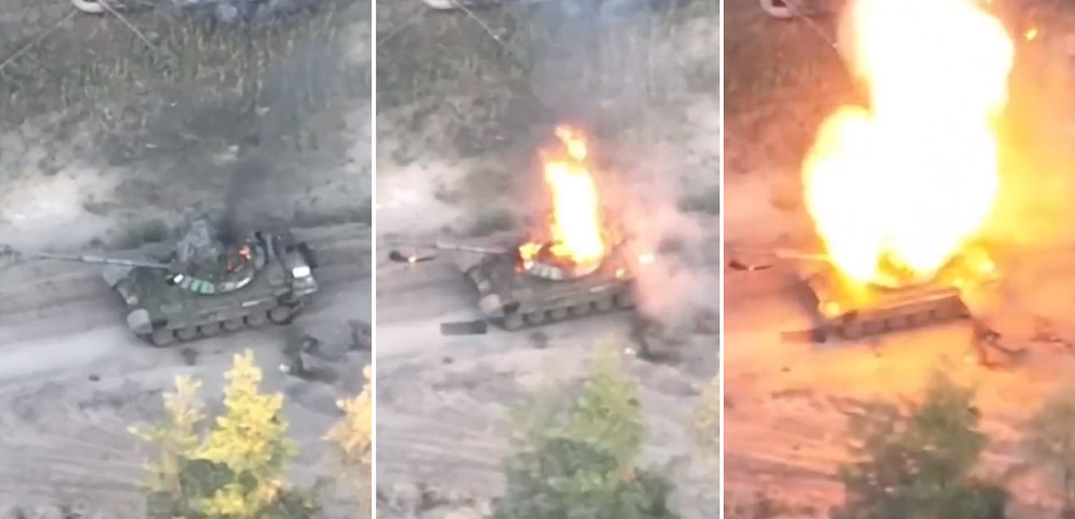 Ukrainska FPV-drönare med artilleri förstörde en rysk moderniserad T-72B3 stridsvagn