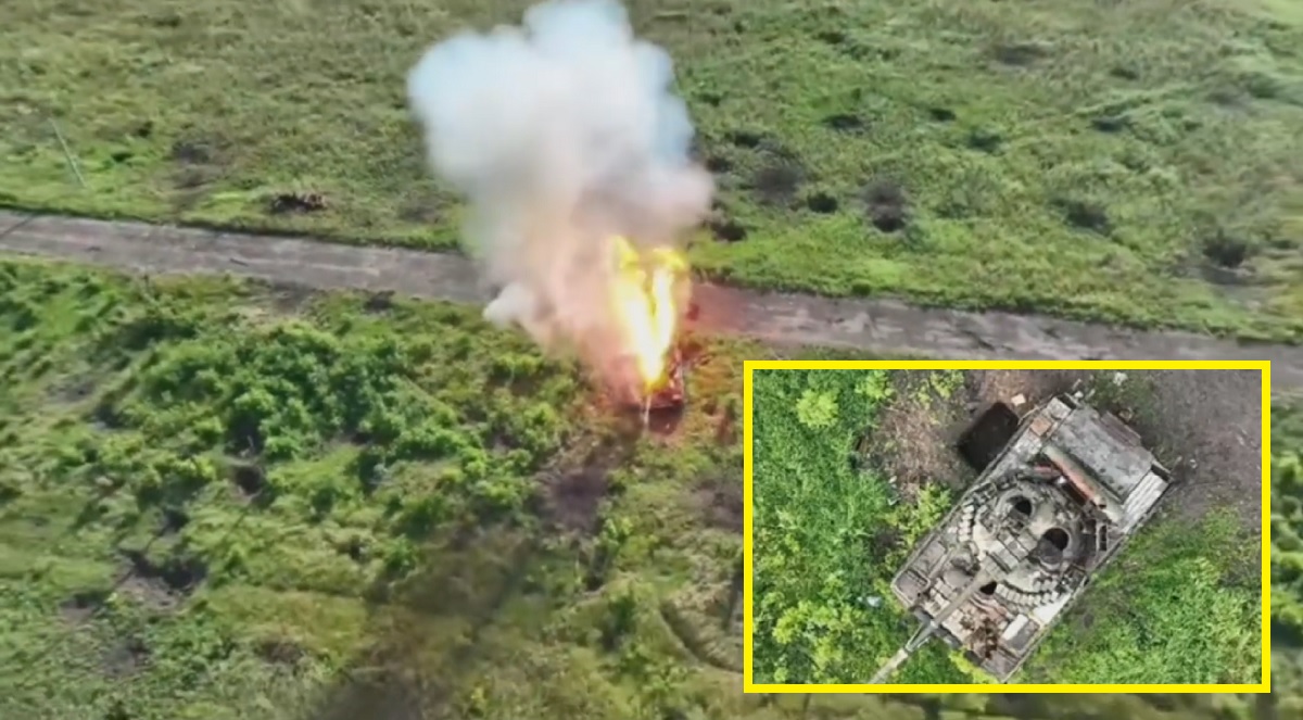 En ukrainsk drönarbombare förstörde en rysk T-80BV stridsvagn med en enda granat, som träffade den direkt i luckan