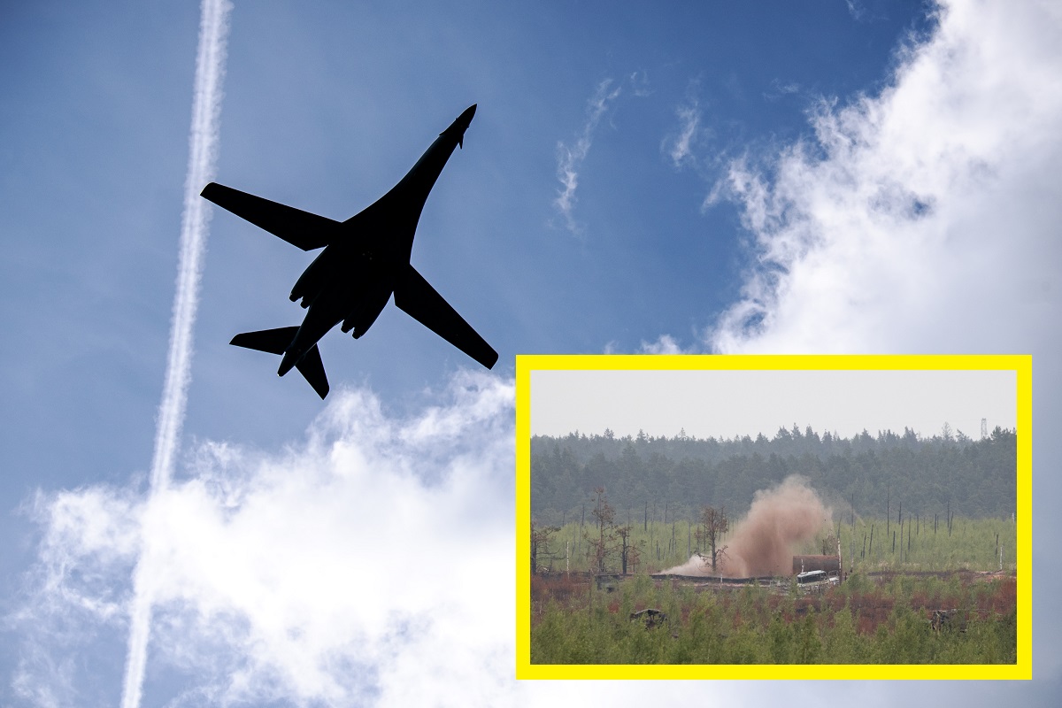 Amerikanska strategiska bombplan av typen B-1B Lancer släpper bomber för första gången under en övning i Lettland