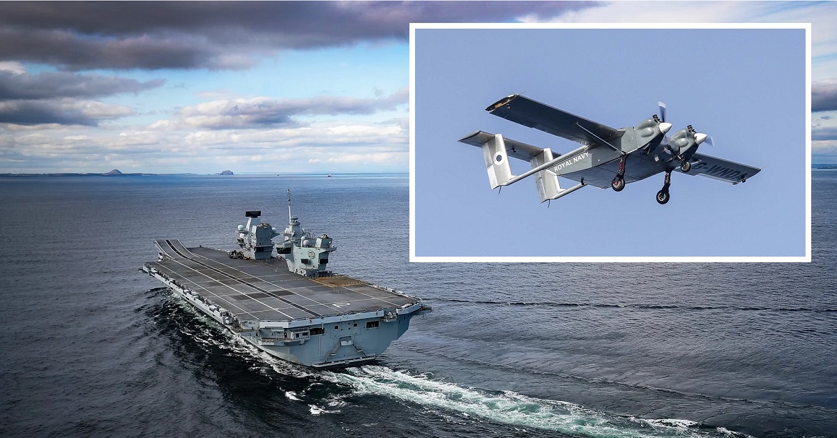 Storbritannien har testat att leverera gods med hjälp av en HCMC-drönare på sitt största hangarfartyg, HMS Prince of Whales (3,85 miljarder USD)