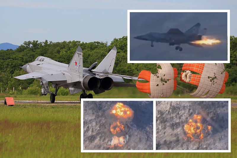 Rysslands 35 miljoner dollar dyra MiG-31 stridsflygplan fattar eld under flygning och kraschar (video)