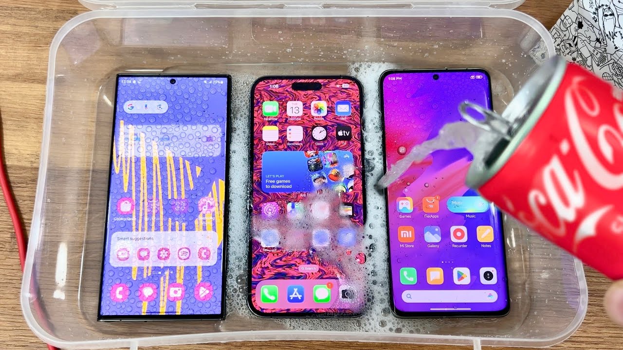 Istestet: flaggskeppen Samsung Galaxy S23 Ultra, iPhone 14 Pro Max och Xiaomi 13 Ultra hälldes läsk på och frystes (video)