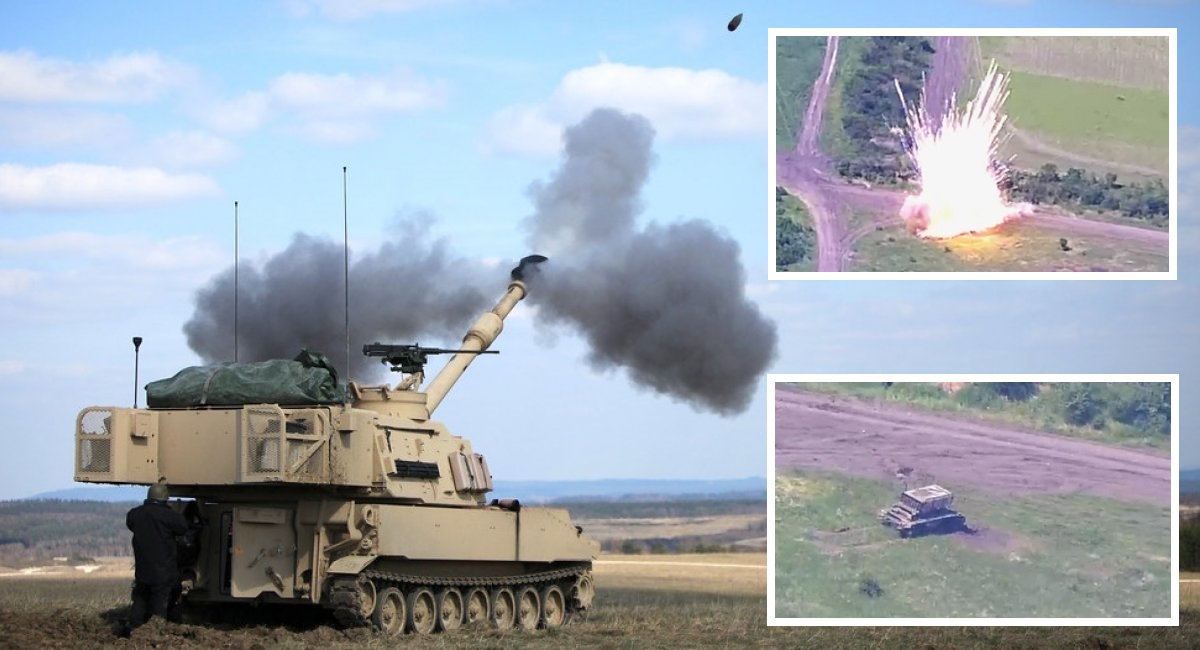 M109A6 Paladin självgående haubits förstör ryska TOS-1A tunga eldkastarsystem med 220 mm termobariska granater