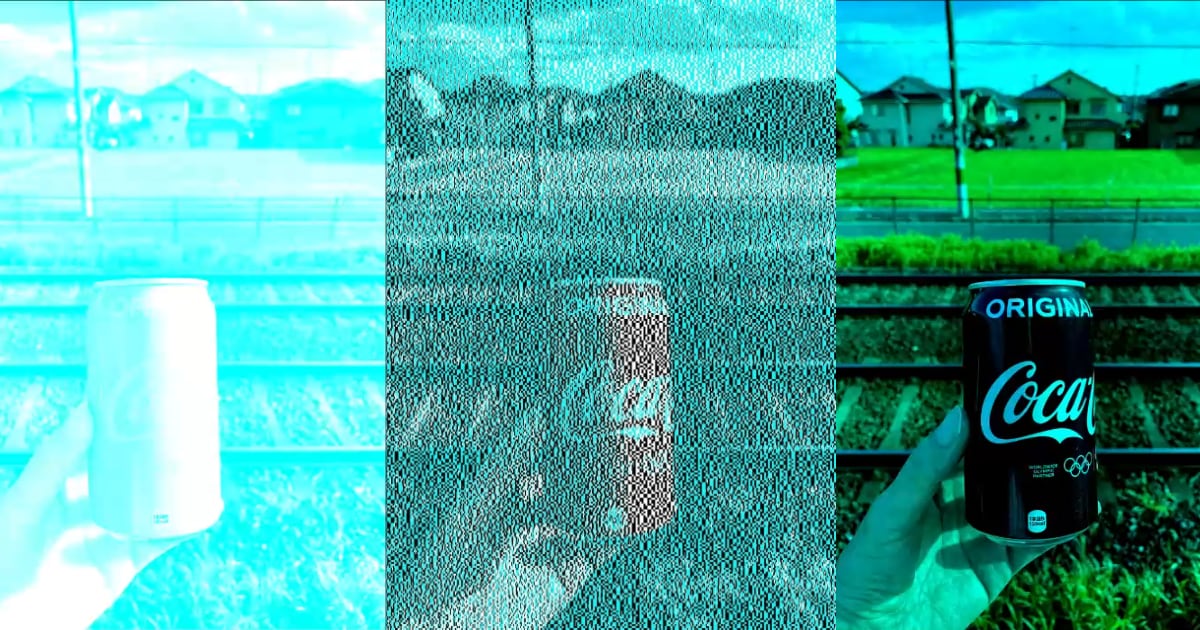 Ett foto av en Coca-Cola-burk som ser röd ut, men som bara består av svarta och blå pixlar, delas på sociala medier, hur fungerar det?