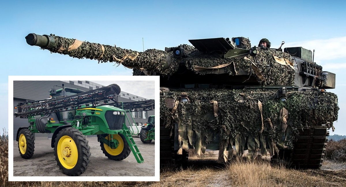 Ryska försvarsministeriet utger en John Deere 4830 självgående spruta för att vara en förstörd tysk Leopard 2 stridsvagn