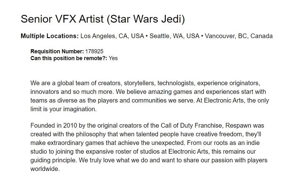 Historien är inte över än: en ny Star Wars Jedi är redan under utveckling - vilket framgår av Respawn Entertainments lediga jobb-2