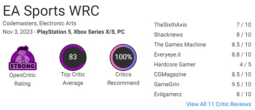 Ännu en fantastisk tävling från Codemasters! Kritikerna är mycket nöjda med EA Sports WRC rallysimulator och rekommenderar den till alla fans av genren-3