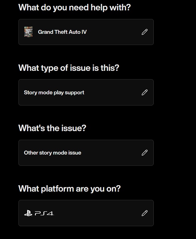 Skärmdump från Rockstar Games supportwebbplats som visar PS4 som plattform för GTA IV
