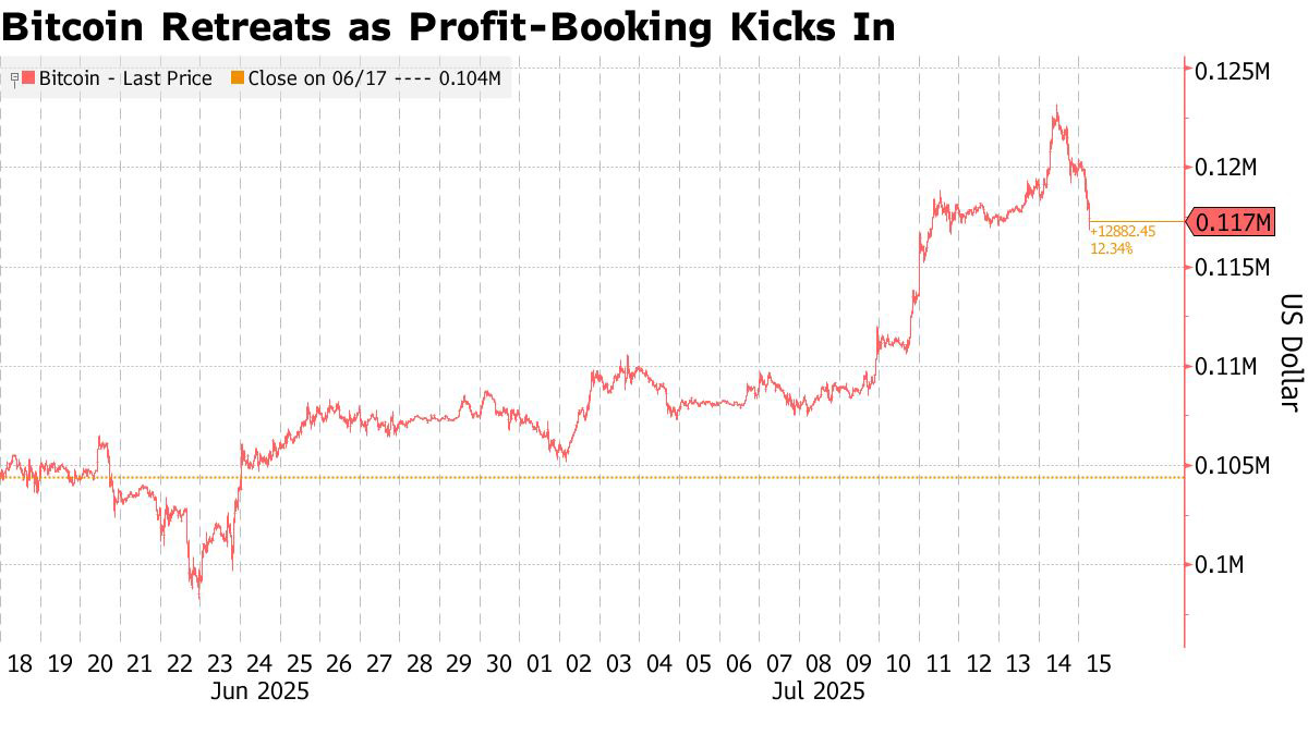 Bitcoin korrigerades till $117,000 efter en rekordtoppen över $123,000