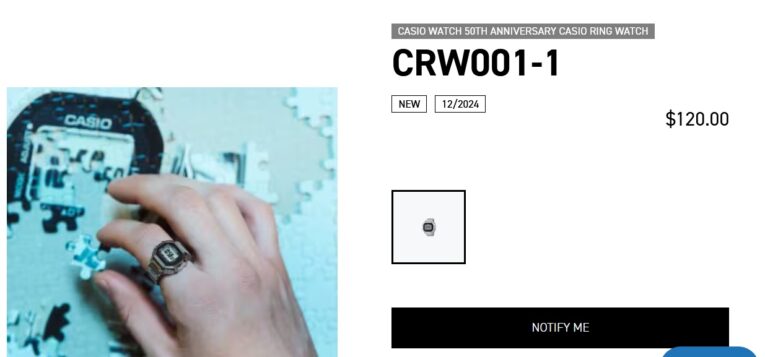 Casio CRW001-1 ringklocka på bakgrund av information om restock i USA