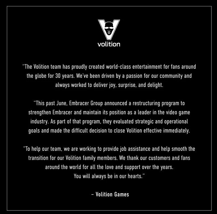 Volition, studion bakom Saints Row-serien och Red Faction-spelen, har meddelat att de lägger ner sin verksamhet-2