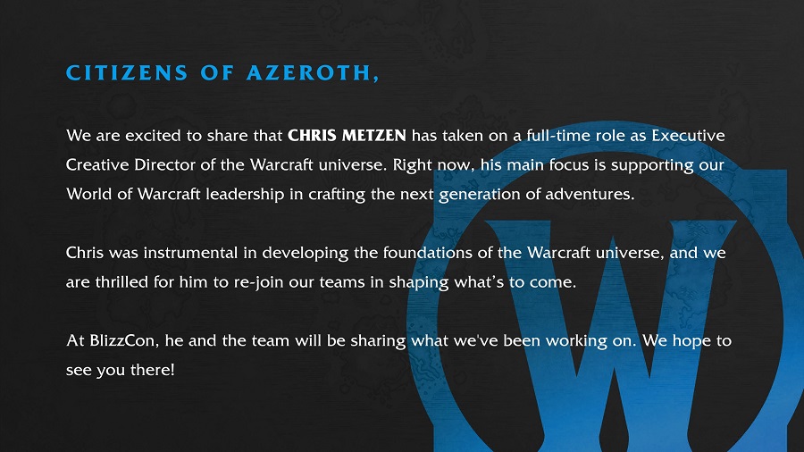 Den legendariske Chris Metzen återvänder till Blizzard! Han har befordrats till kreativ chef för Warcraft-serien-2