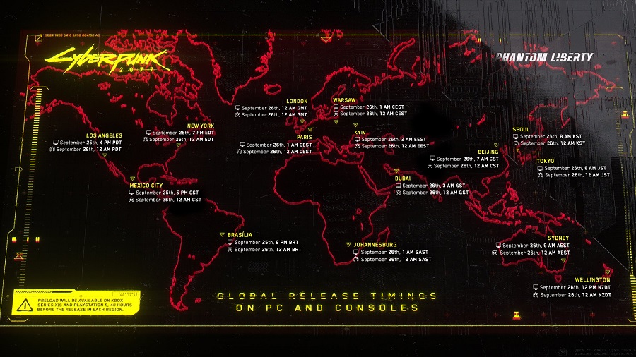 Nu kommer du definitivt inte att missa det! CD Projekt RED har publicerat en visuell karta som visar lanseringstiden för Phantom Liberty-expansionen för Cyberpunk 2077 i de viktigaste tidszonerna-2