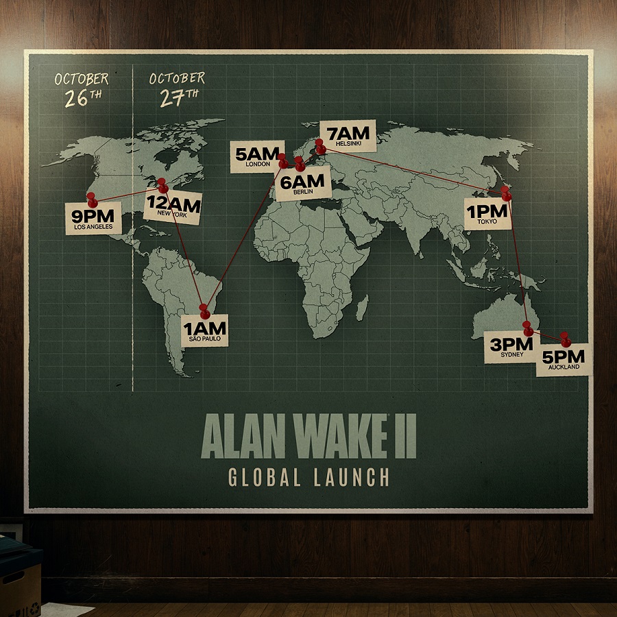 Omöjligt att missa: Remedy har publicerat en visuell lanseringskarta för Alan Wake 2, som visar spelets lanseringstid i de viktigaste tidszonerna-2