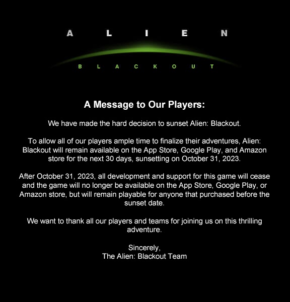 Mobilspelet Alien: Blackout kommer att tas bort från App Store, Google Play och Amazon Store den 31 oktober-2