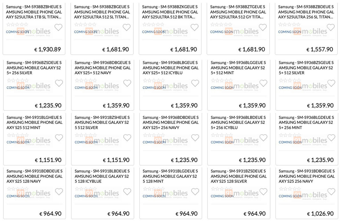 Prisjämförelse för Samsung Galaxy S25 med olika modifieringar