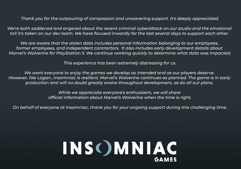 Överväldigade men inte knäckta: Insomniac Games-teamet har utfärdat ett uttalande om konsekvenserna av den massiva läckan av viktig information-2