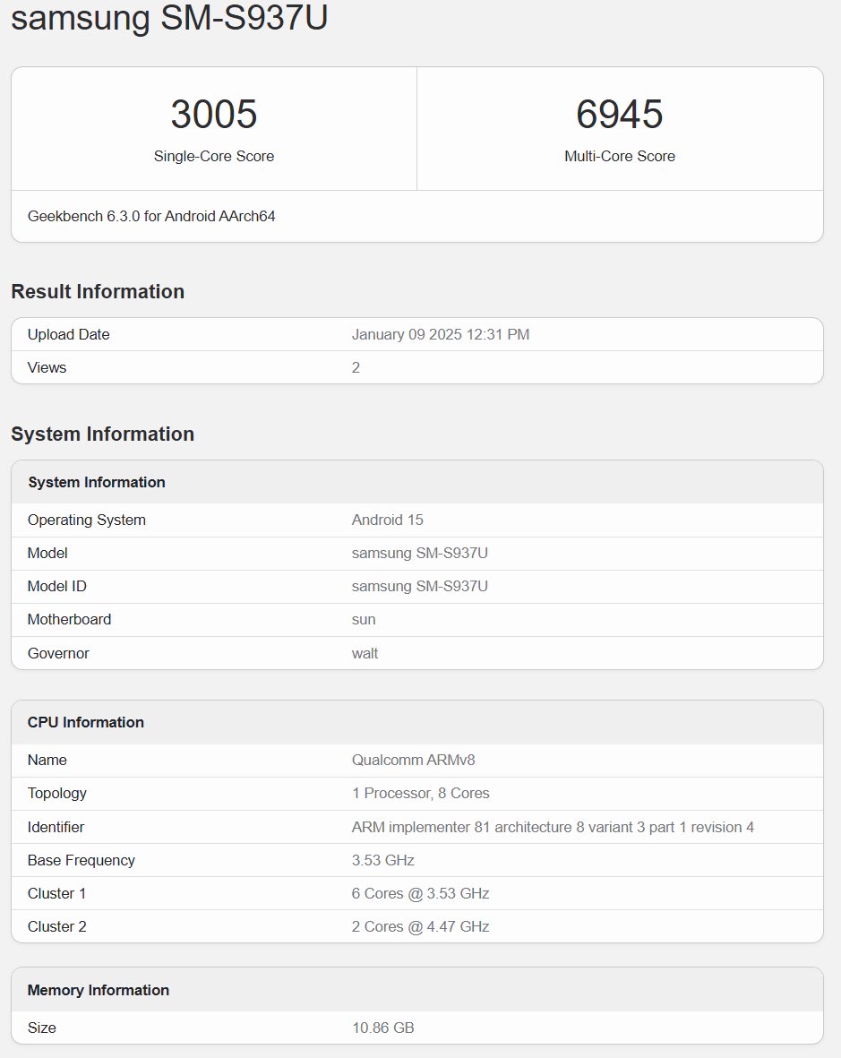 Galaxy S25 Slim testresultat på Geekbench