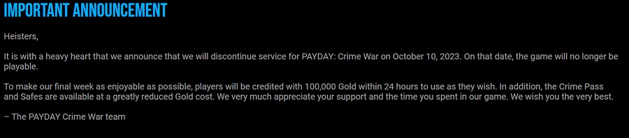 Rånen upphör: om några dagar kommer mobilspelet Payday: Crime War kommer att upphöra att existera. Utvecklarna meddelade det oväntade beslutet-2