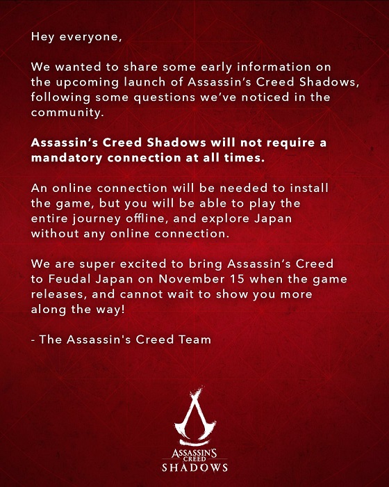 Nu är det officiellt: Assassin's Creed Shadows behöver inte en konstant internetanslutning-2