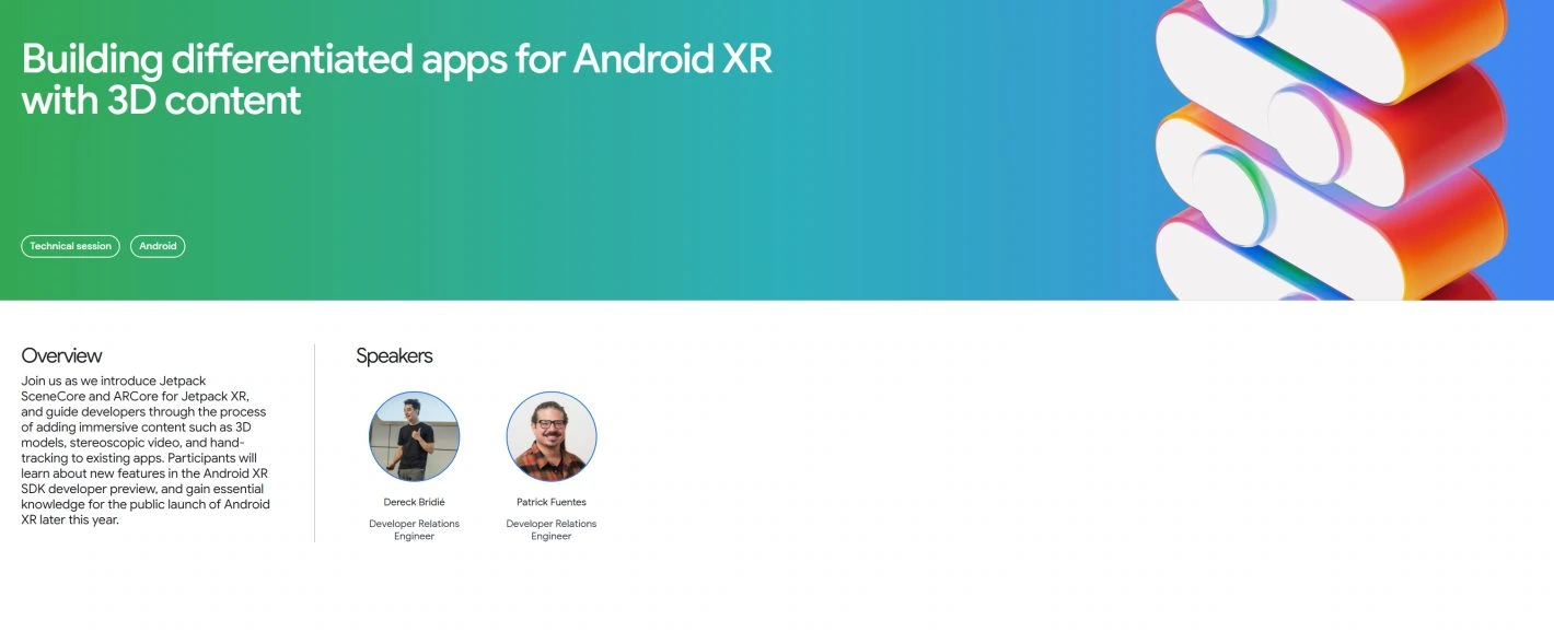 Beskrivning av Android XR-plattformen på Google I/O 2025-konferensens webbplats