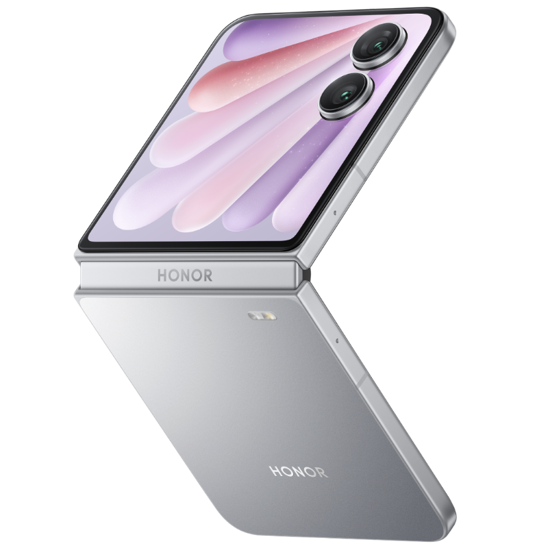 Design av Honor Magic V Flip 2-smarttelefonen i silvergrå färg
