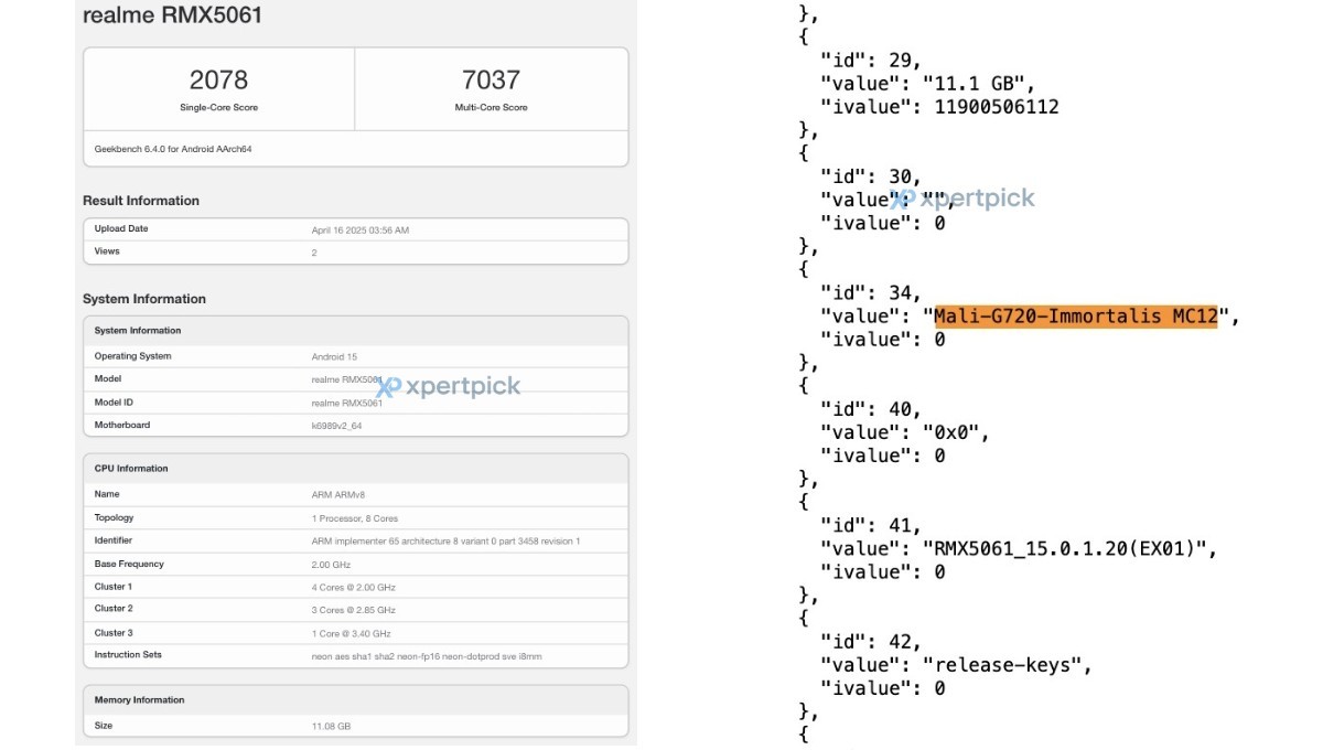Information om den påstådda Realme GT 7 i Geekbench