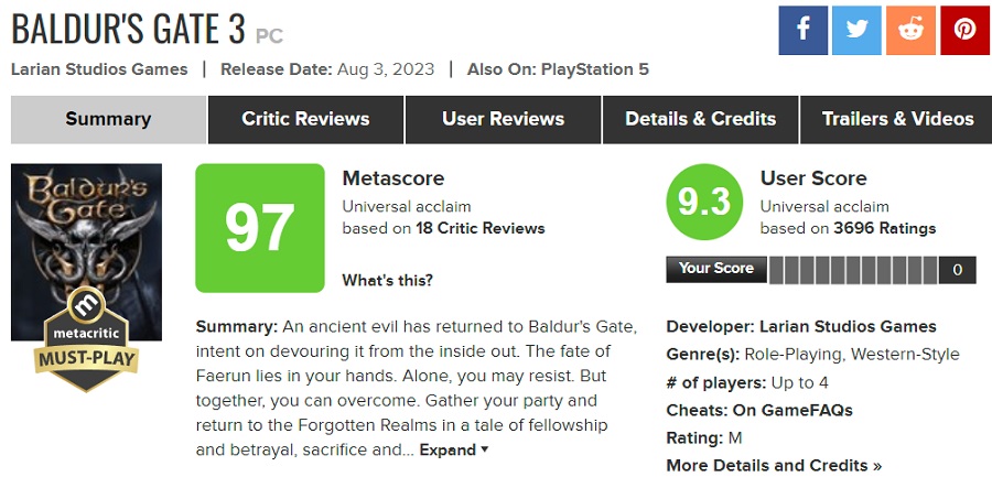 Baldur's Gate 3 är en kolossal framgång för Larian Studios och har blivit det högst rankade spelet 2023 och är bland de bästa projekten i Metacritics historia-2
