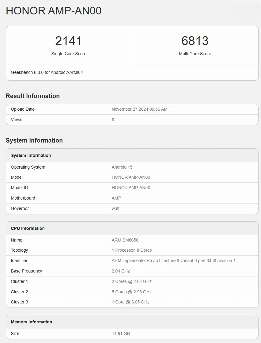 Результаты теста предполагаемого Honor 300 Pro в Geekbench