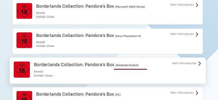 The Borderlands Collection: Pandora's Box kan även komma att släppas på Nintendo Switch - enligt uppgifter från ett tyskt kreditvärderingsinstitut-2