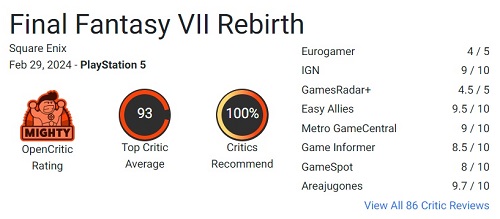 Kritikerna är entusiastiska över Final Fantasy VII Rebirth och ger spelet högsta betyg-3
