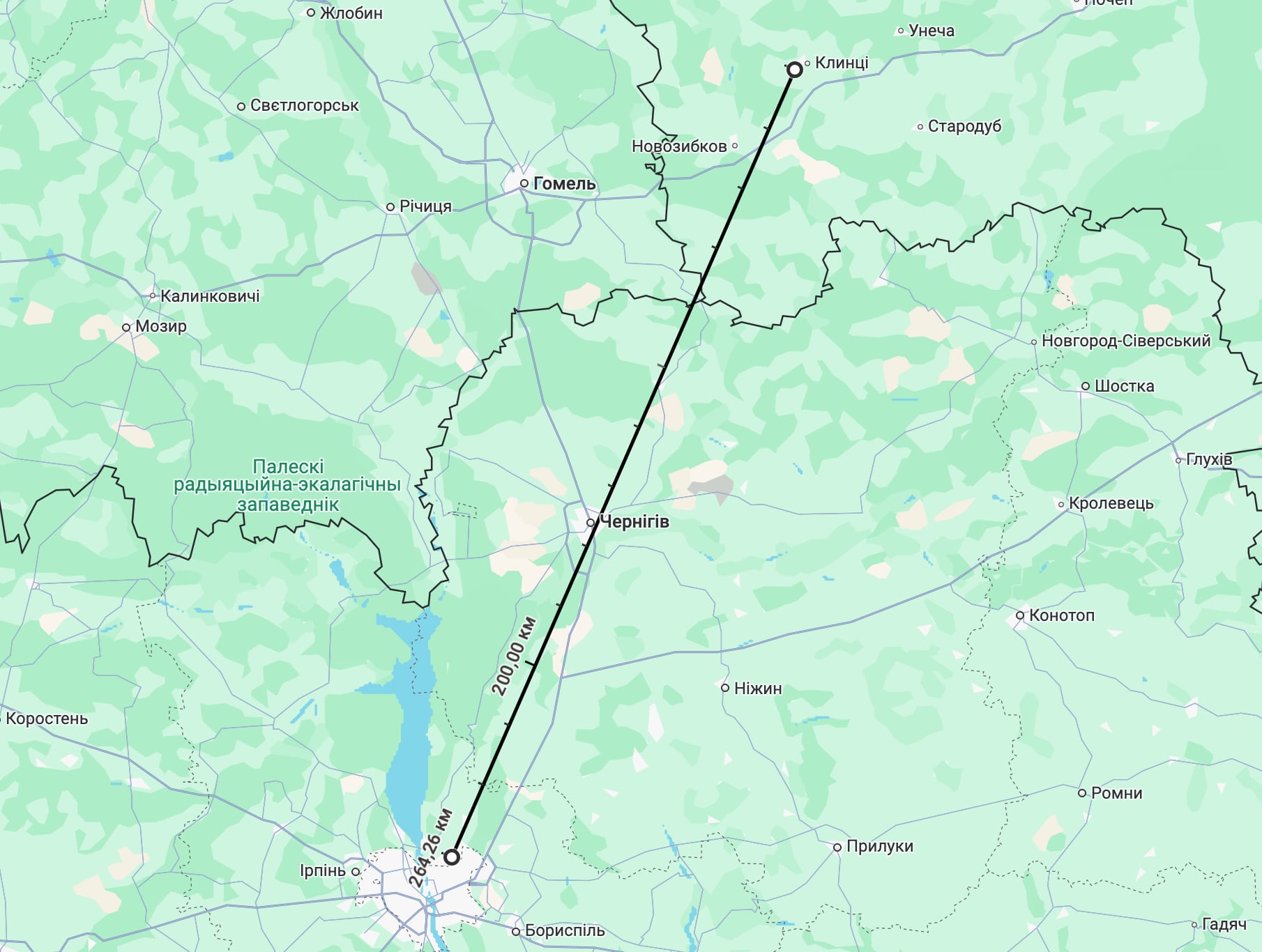 Karta över avståndet från Klintsy till Kyiv