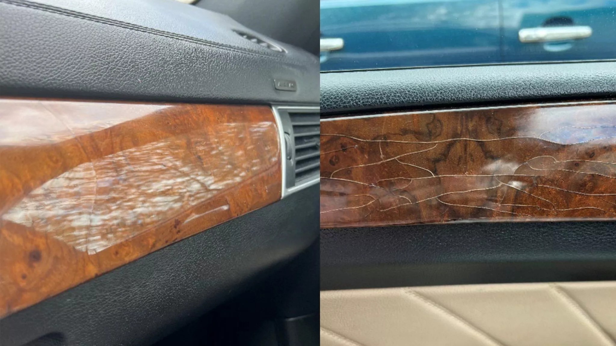 Exempel på defekter i den trädekoren i Mercedes-Benz bilar