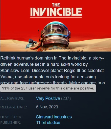 The Invincible väckte ingen större uppståndelse bland spelarna, men de som provade det - var förtjusta! Spelet har över 90% positiva recensioner på Steam-2