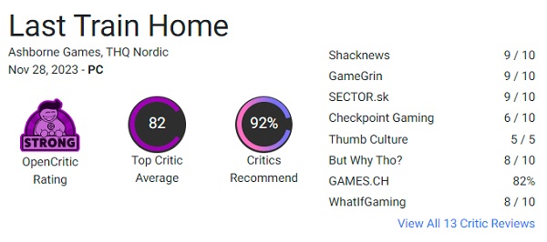 Kritiker och spelare har varmt välkomnat strategin Last Train Home: spelet har fått utmärkta recensioner och höga poäng-2