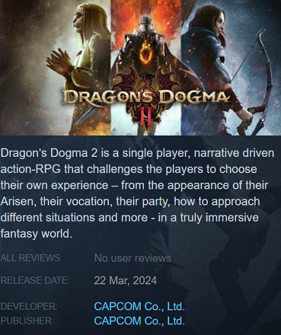 Steam har i förtid avslöjat releasedatumet för Capcoms Dragon's Dogma 2 RPG-2