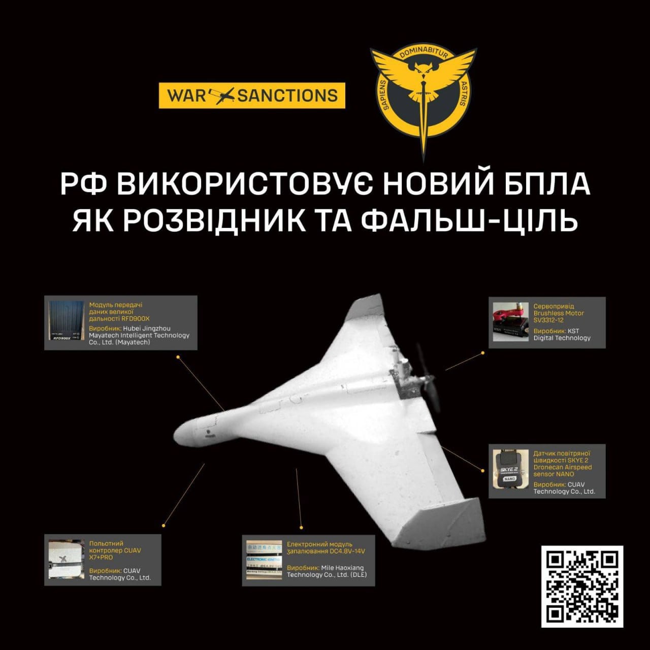 Kinesiska komponenter i en ny rysk UAV. Illustration: GUR