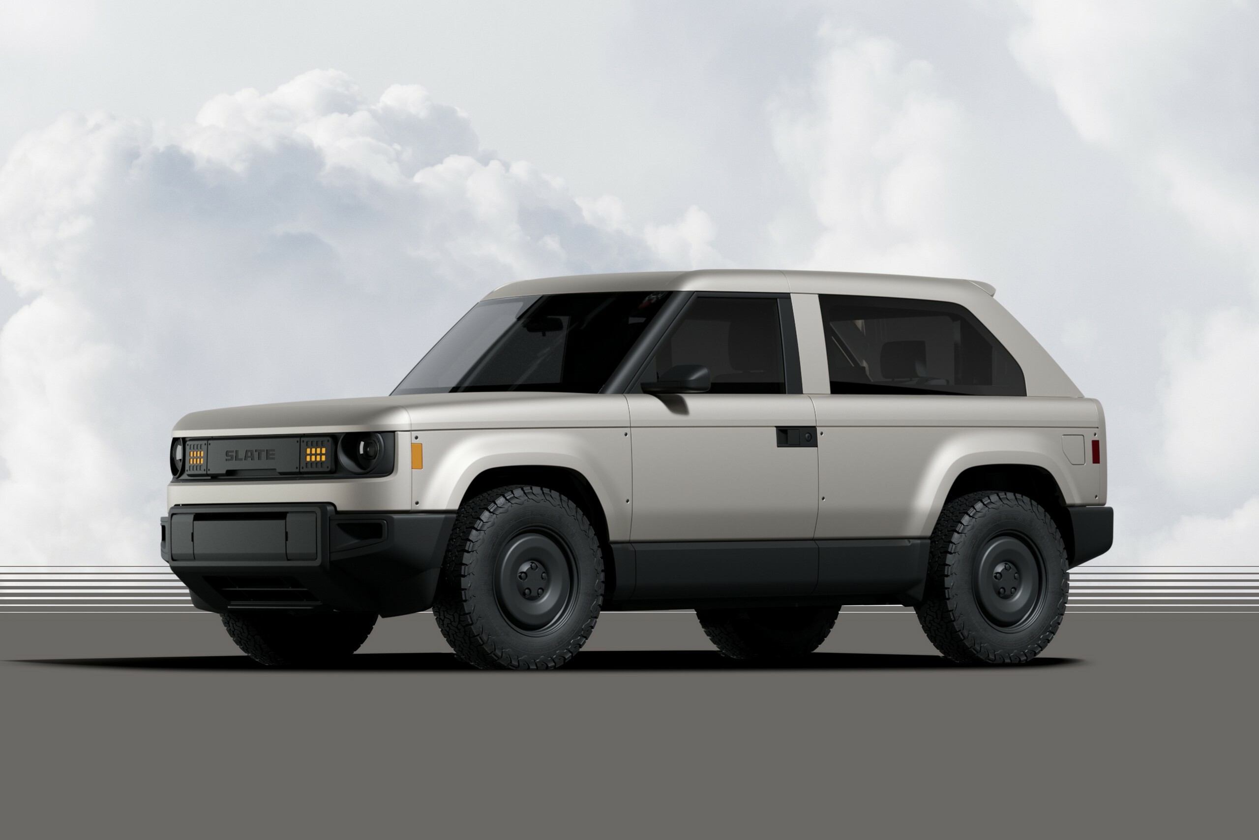 Slate elektrisk pick-up lastbil med en kaross.