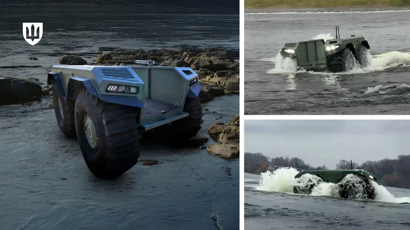 UNEX UGV amfibisk obemannad markplattform, illustration av Ukrainas försvarsministerium.