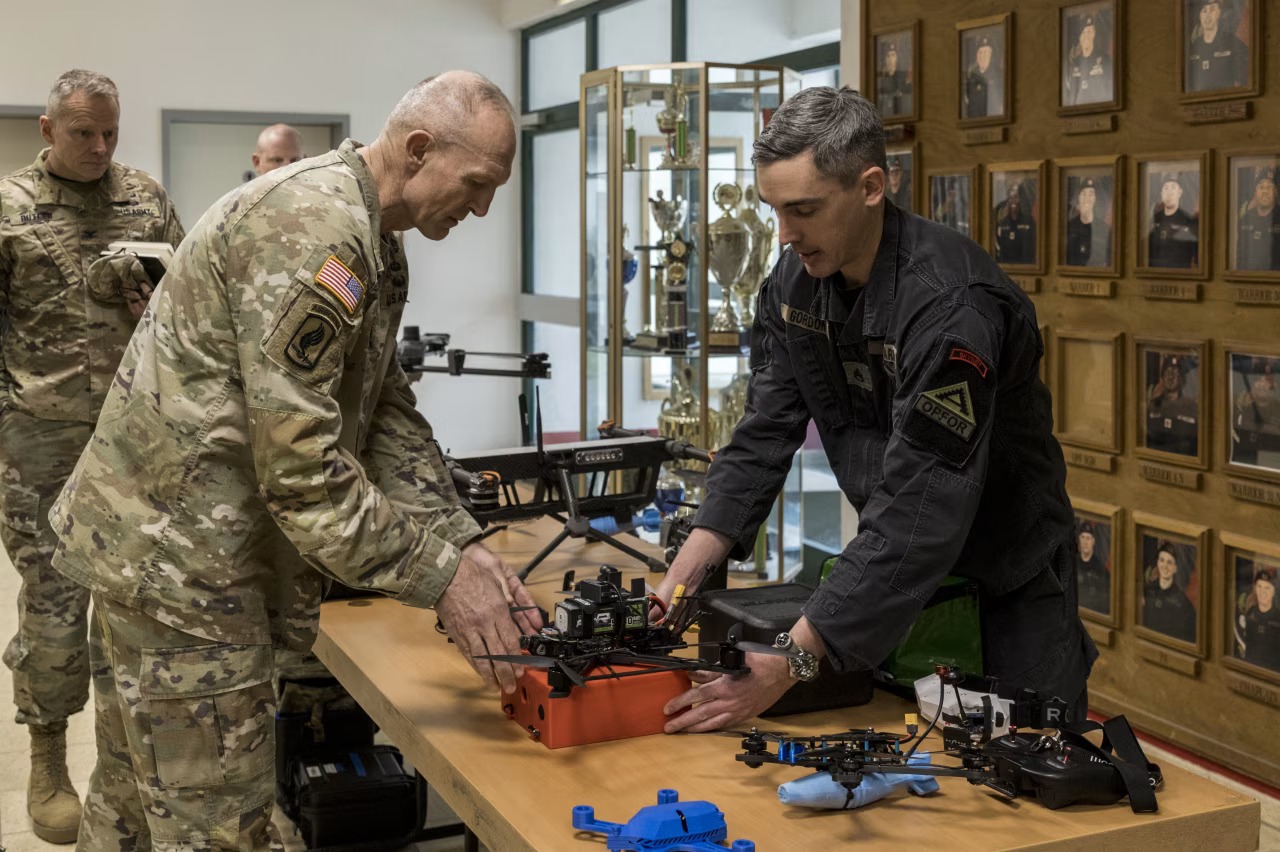 General Randy George inspects an FPV drone